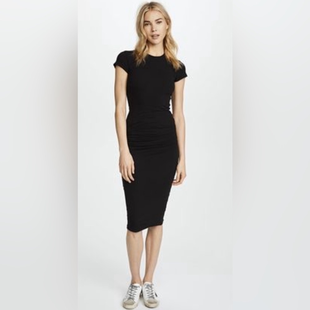 James Perse Standard Ruched Crew Neck Jersey Dress Minimalist Black Size 2